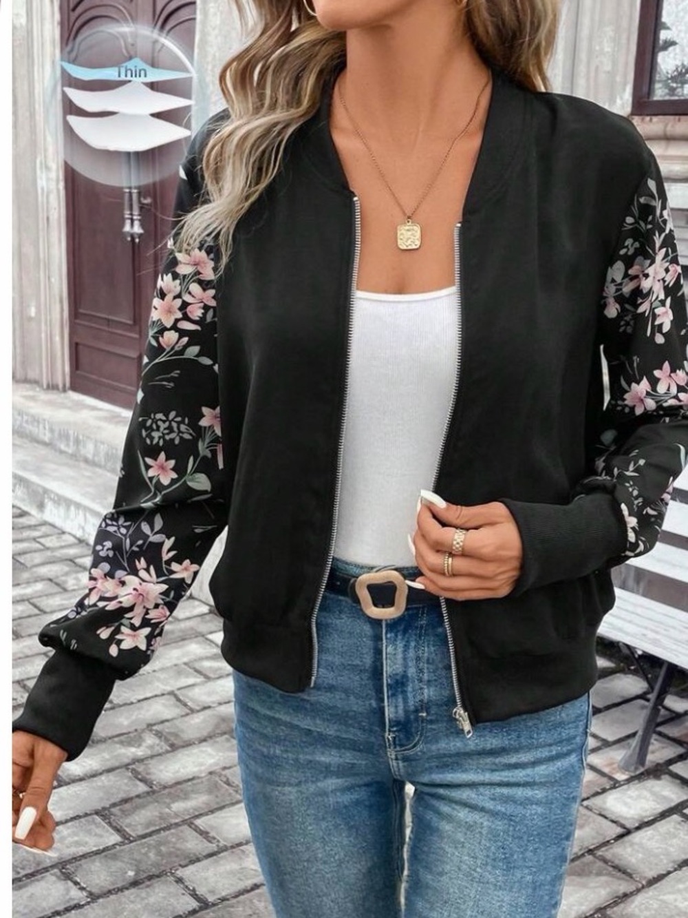 SHEIN Black Bomber Jacket with Pretty Floral Sleeves Size XL Lightweight Zip Up